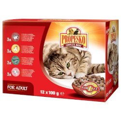PROPESKO Cat kapsičky kousky ve šťávě hovězí, kuře, zvěřina, jehně 12x100g
