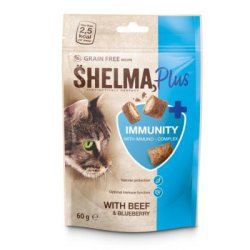 SHELMA Plus Immunity bezobilné vankúšiky pre mačku s hovädzím a čučoriedkami 60g