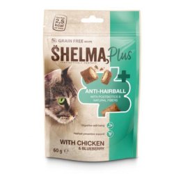 SHELMA Plus Anti-Hairball getreidefreie Kissen für Katzen mit Huhn und Heidelbeeren 60 g