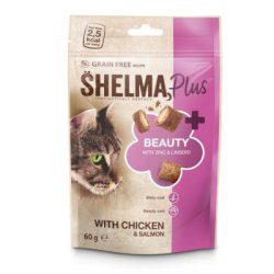 SHELMA Plus Beauty bezobilné vankúšiky pre mačku s kuracím a lososom 60g