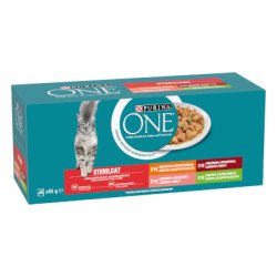 PURINA ONE Multipack Sterilcat mini falatkák marhahússal, csirkével, lazaccal, pulykával szószban 80x85g
